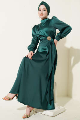 Gül Tokalı Saten Abiye Elbise Zümrüt - Elbise