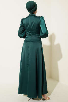 Gül Tokalı Saten Abiye Elbise Zümrüt - Elbise