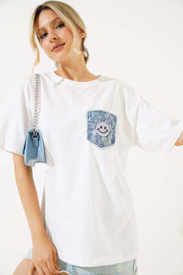 Gülen Yüz Nakışlı T-shirt Ekru - Kadın Giyim Modelleri