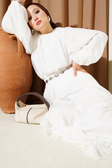 Gümüş Kemerli Etekli İkili Takım Ekru - İkili Takım