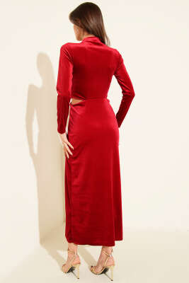 Güneş Aksesuarlı Yırtmaçlı Kadife Elbise Bordo - Günün Seçilenleri