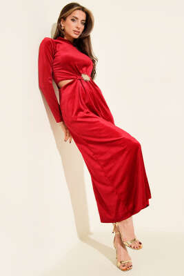 Güneş Aksesuarlı Yırtmaçlı Kadife Elbise Bordo - KİKİ