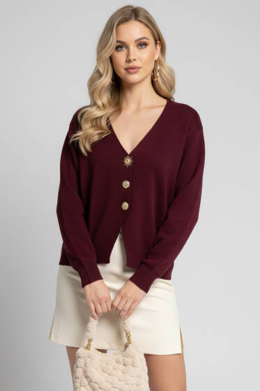 Güneş Düğmeli Triko Hırka Bordo - Kadın Giyim Modelleri