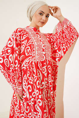 Güneş Serisi Otantik Desenli Elbise Alizarin - Tesettür Elbise