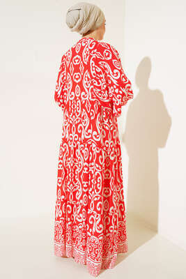 Güneş Serisi Otantik Desenli Elbise Alizarin - Tesettür Elbise