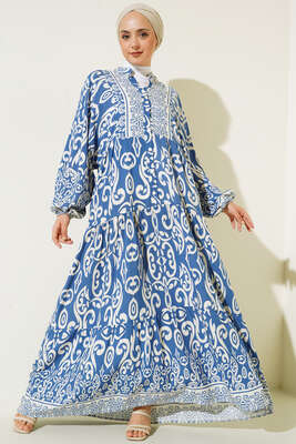 Güneş Serisi Otantik Desenli Elbise İndigo 