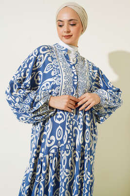 Güneş Serisi Otantik Desenli Elbise İndigo - Tesettür Elbise