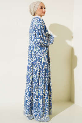 Güneş Serisi Otantik Desenli Elbise İndigo - Tesettür Elbise