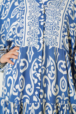 Güneş Serisi Otantik Desenli Elbise İndigo - Tesettür Elbise