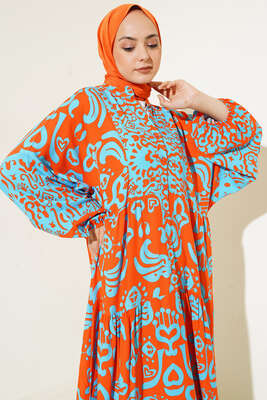 Güneş Serisi Otantik Desenli Elbise Mavi - Tesettür Elbise