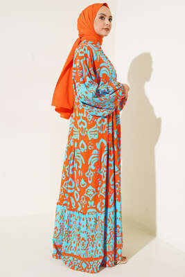 Güneş Serisi Otantik Desenli Elbise Mavi - Tesettür Elbise