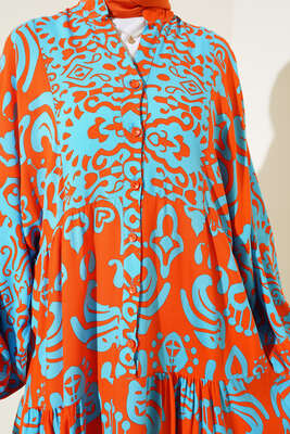 Güneş Serisi Otantik Desenli Elbise Mavi - Tesettür Elbise