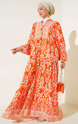 Güneş Serisi Otantik Desenli Elbise Oranj - Tesettür Elbise