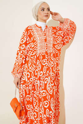 Güneş Serisi Otantik Desenli Elbise Oranj - Tesettür Elbise