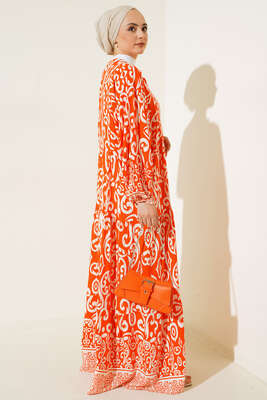 Güneş Serisi Otantik Desenli Elbise Oranj - Tesettür Elbise