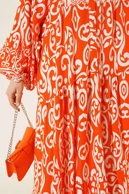 Güneş Serisi Otantik Desenli Elbise Oranj - Tesettür Elbise