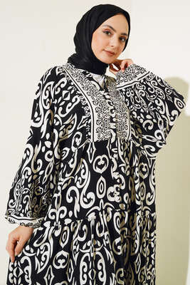 Güneş Serisi Otantik Desenli Elbise Siyah - Tesettür Elbise