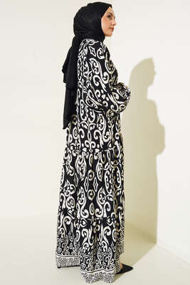 Güneş Serisi Otantik Desenli Elbise Siyah - Tesettür Elbise