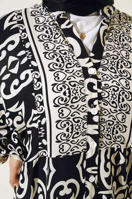 Güneş Serisi Otantik Desenli Elbise Siyah - Tesettür Elbise