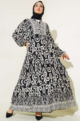 Güneş Serisi Otantik Desenli Elbise Siyah 