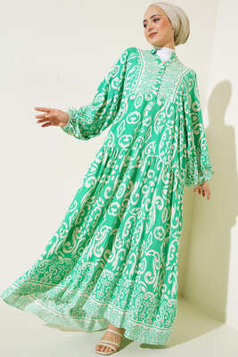 Güneş Serisi Otantik Desenli Elbise Yeşil 