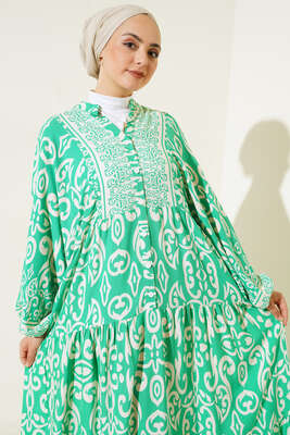 Güneş Serisi Otantik Desenli Elbise Yeşil - Tesettür Elbise