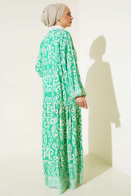 Güneş Serisi Otantik Desenli Elbise Yeşil - Tesettür Elbise