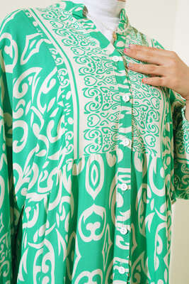 Güneş Serisi Otantik Desenli Elbise Yeşil - Thumbnail