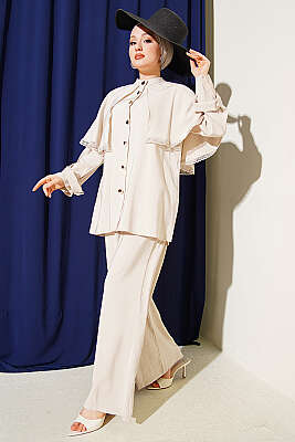 Güprü Detaylı Pelerinli İkili Takım Bej - HATUN