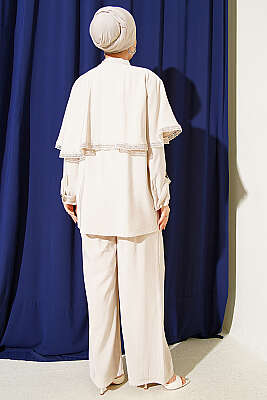 Güprü Detaylı Pelerinli İkili Takım Bej - İkili Takım