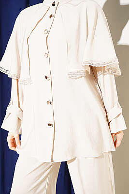 Güprü Detaylı Pelerinli İkili Takım Bej - İkili Takım