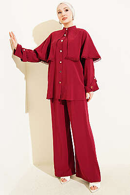 Güprü Detaylı Pelerinli İkili Takım Bordo - HATUN