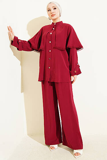 Güprü Detaylı Pelerinli İkili Takım Bordo - İkili Takım