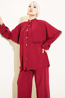 Güprü Detaylı Pelerinli İkili Takım Bordo - İkili Takım