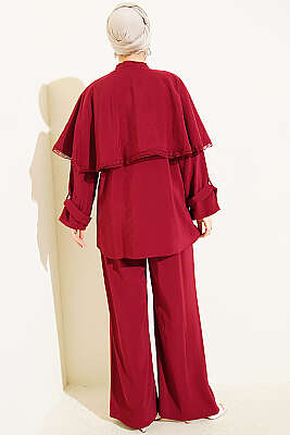 Güprü Detaylı Pelerinli İkili Takım Bordo - İkili Takım