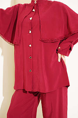 Güprü Detaylı Pelerinli İkili Takım Bordo - İkili Takım