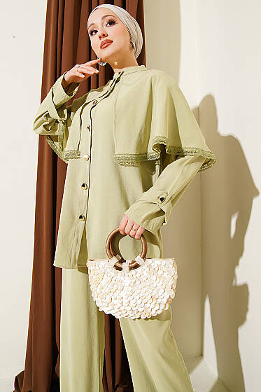 Güprü Detaylı Pelerinli İkili Takım Çağla Yeşili - İkili Takım