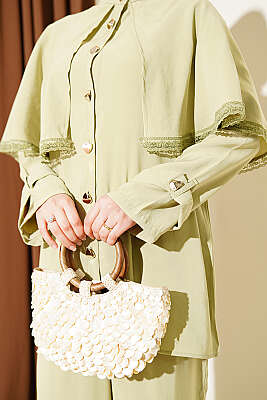 Güprü Detaylı Pelerinli İkili Takım Çağla Yeşili - İkili Takım