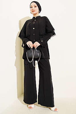 Güprü Detaylı Pelerinli İkili Takım Siyah - HATUN
