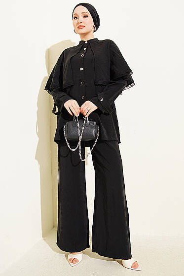 Güprü Detaylı Pelerinli İkili Takım Siyah - İkili Takım