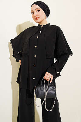 Güprü Detaylı Pelerinli İkili Takım Siyah - İkili Takım