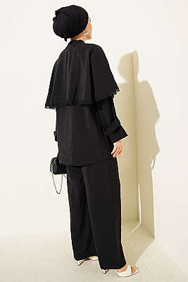 Güprü Detaylı Pelerinli İkili Takım Siyah - İkili Takım