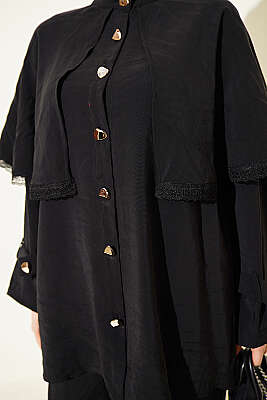 Güprü Detaylı Pelerinli İkili Takım Siyah - İkili Takım