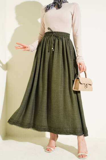 Güpür Detaylı Bel Lastikli Etek Haki - Etek