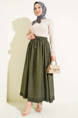Güpür Detaylı Bel Lastikli Etek Haki - Etek