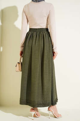 Güpür Detaylı Bel Lastikli Etek Haki - Etek