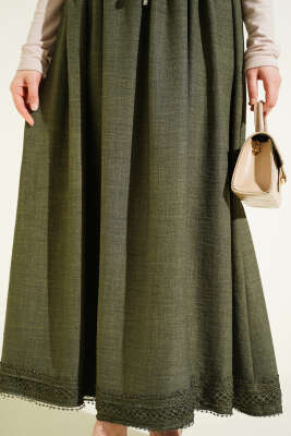 Güpür Detaylı Bel Lastikli Etek Haki - Etek