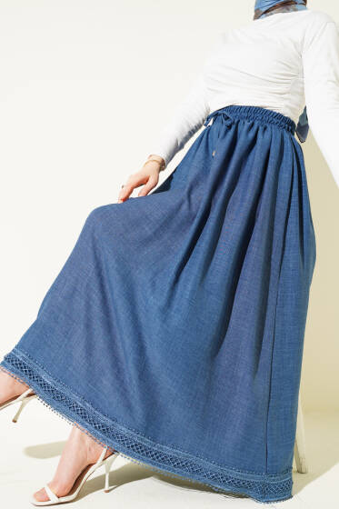 Güpür Detaylı Bel Lastikli Etek İndigo - Etek