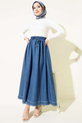Güpür Detaylı Bel Lastikli Etek İndigo - Etek