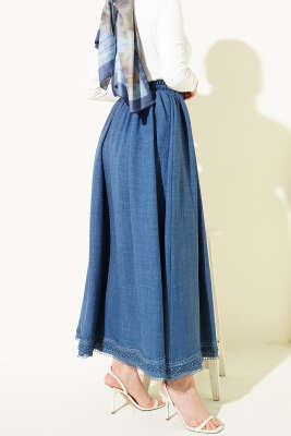Güpür Detaylı Bel Lastikli Etek İndigo - Etek